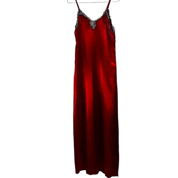 Rare Vintage Red Satin Slip Dress | 100% Cotton | Silver Lace Appliqué Glam | M - Picture 2 of 7